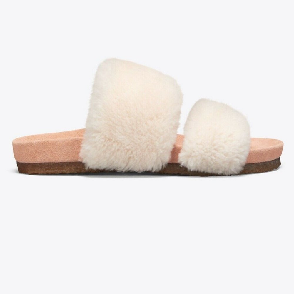 Gently Used Tory Burch Fur slippers Beige sz 9 Sheldon Shearling Two Band Slide - Picture 3 of 14
